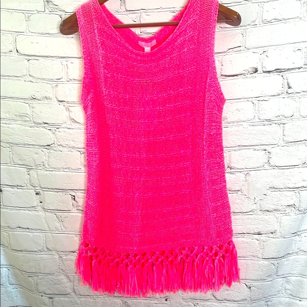 Lilly Pulitzer Tiki Pink Sleeveless Luca Fringe Sweater Size Large